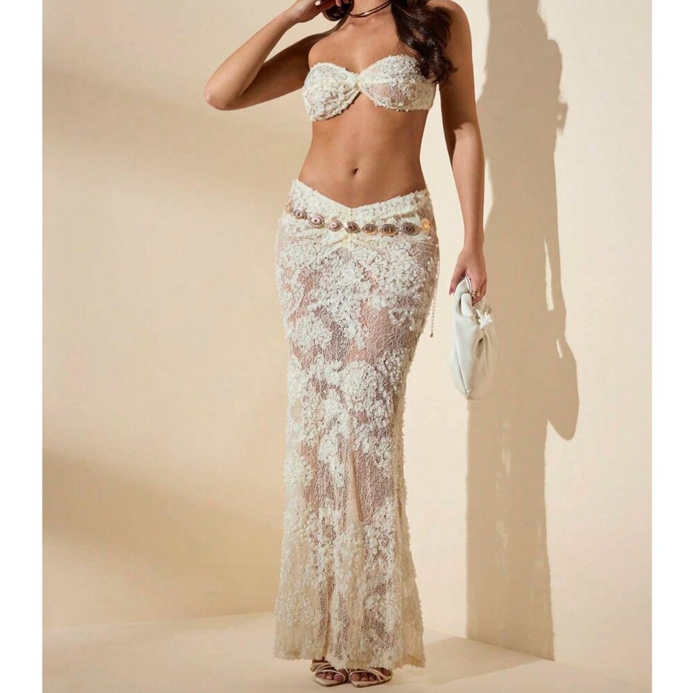Sheer Embroidered Lace Twist Top, Midi Skirt Vacation set XS